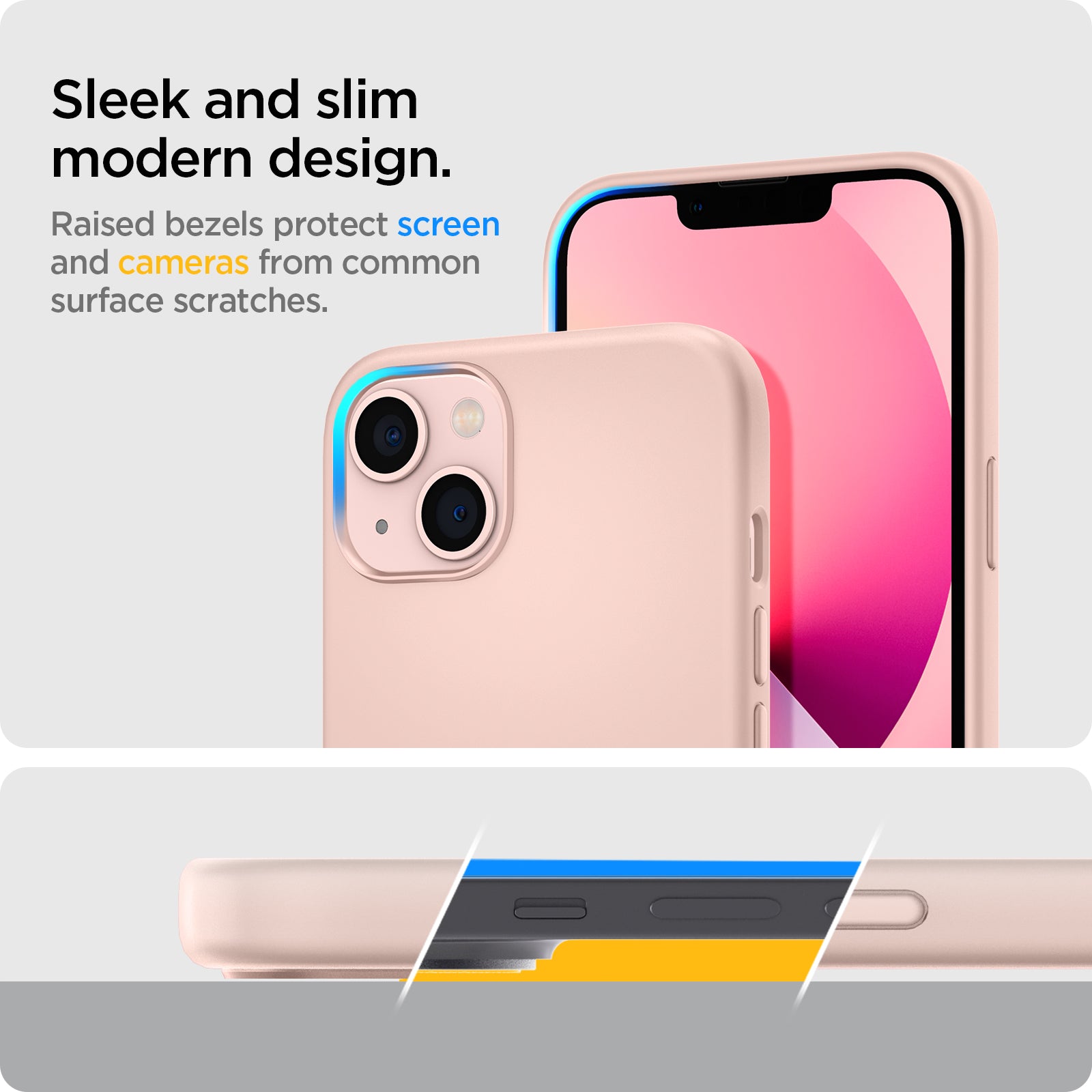 ACS03898 - iPhone 13 Case Silicone Fit in pink showing the sleek and slim modern design. Raised bezels protect screen and cameras from common surface scratches
