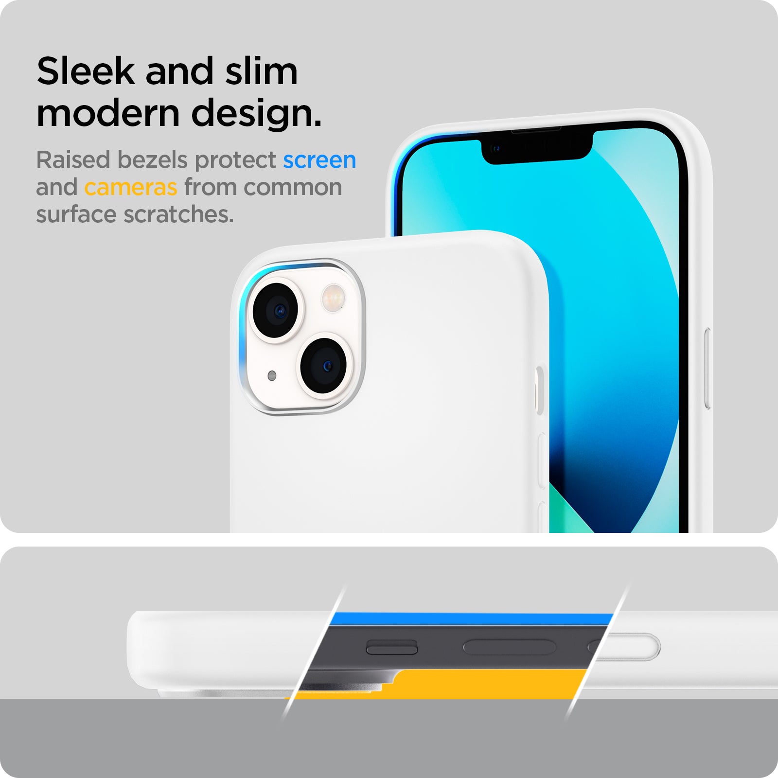 ACS03340 - iPhone 13 Mini Case Silicone Fit in white showing the sleek and slim modern design. Raised bezels protect screen and cameras from common surface scratches