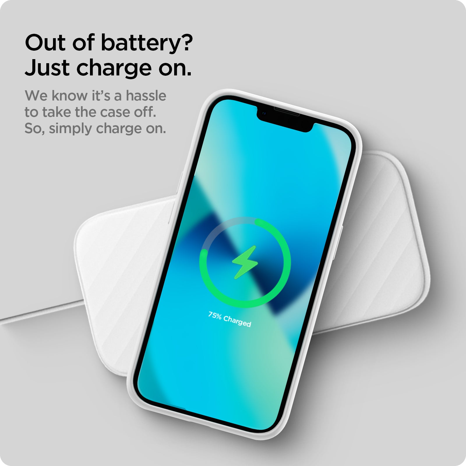 ACS03340 - iPhone 13 Mini Case Silicone Fit in white showing simply charging on, we know it's a hassle to take the case off
