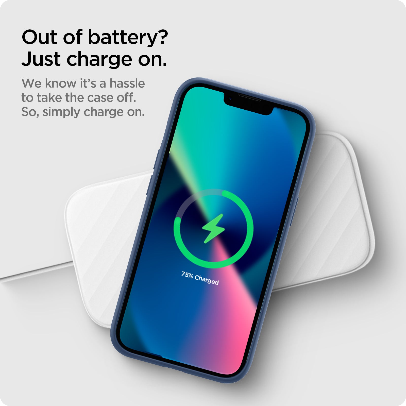 ACS03341 - iPhone 13 Mini Case Silicone Fit in navy blue showing simply charging on, we know it's a hassle to take the case off