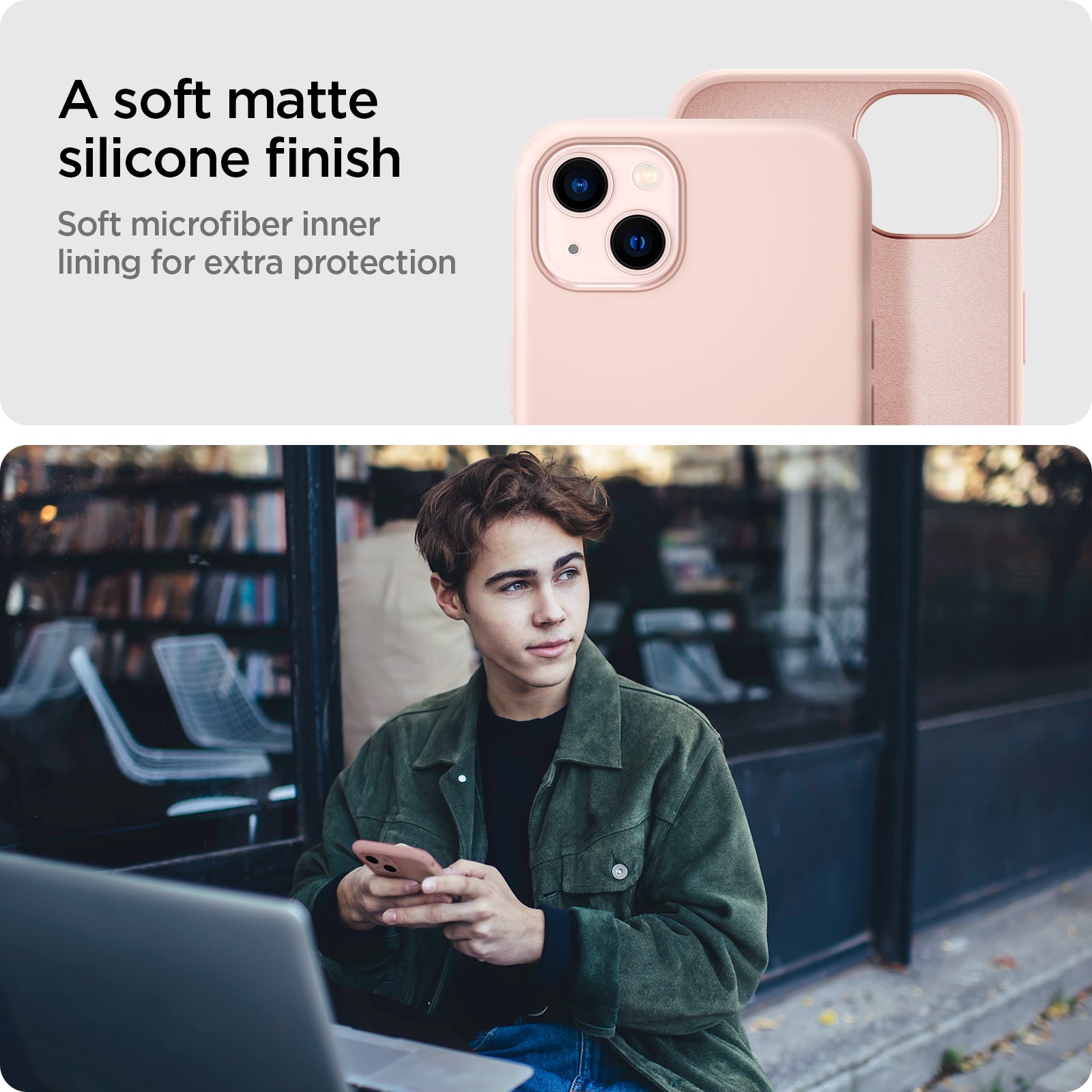 ACS03898 - iPhone 13 Case Silicone Fit in pink showing the soft matte silicone finish. Soft microfiber inner lining for extra protection