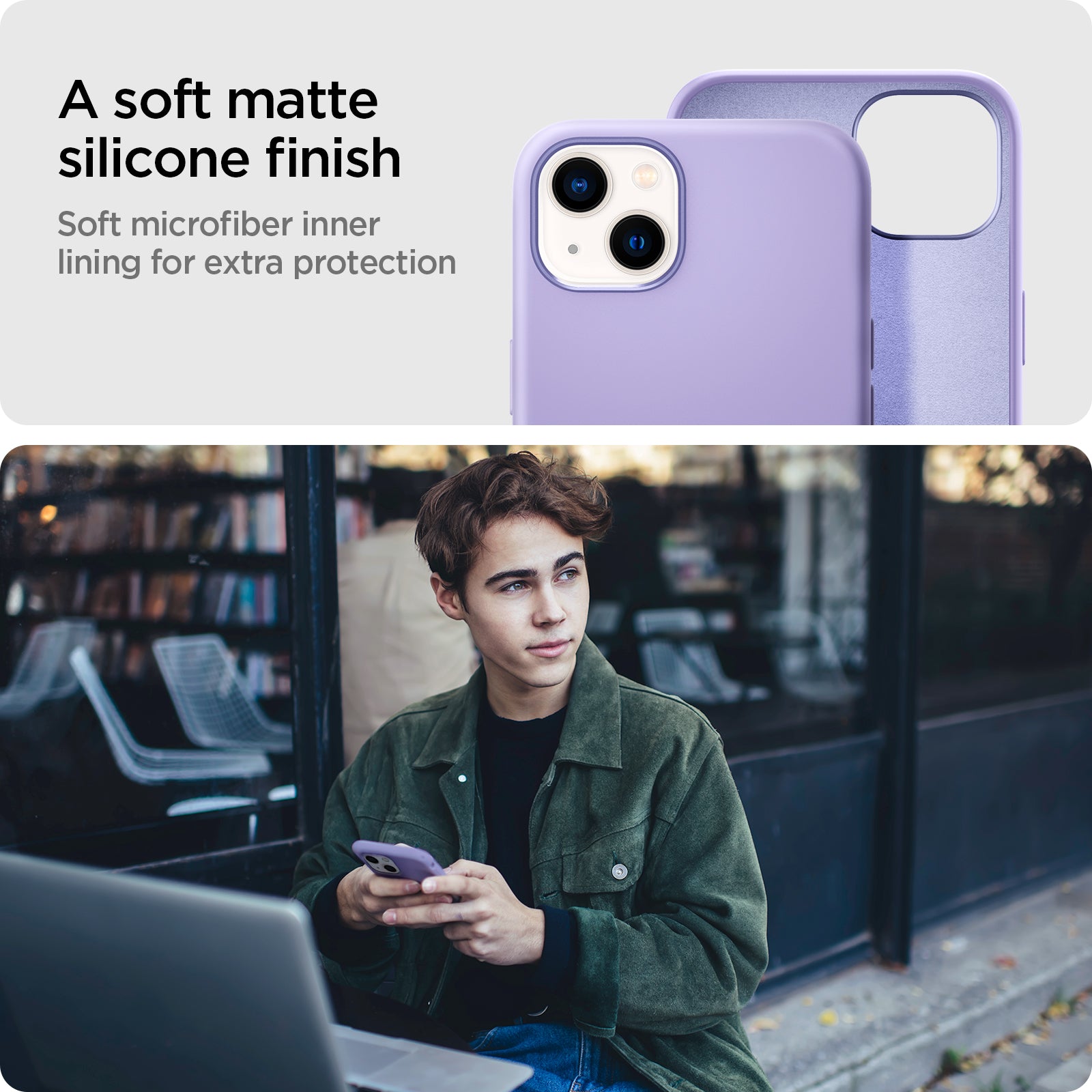 ACS03551 - iPhone 13 Case Silicone Fit in iris purple showing the soft matte silicone finish. Soft microfiber inner lining for extra protection