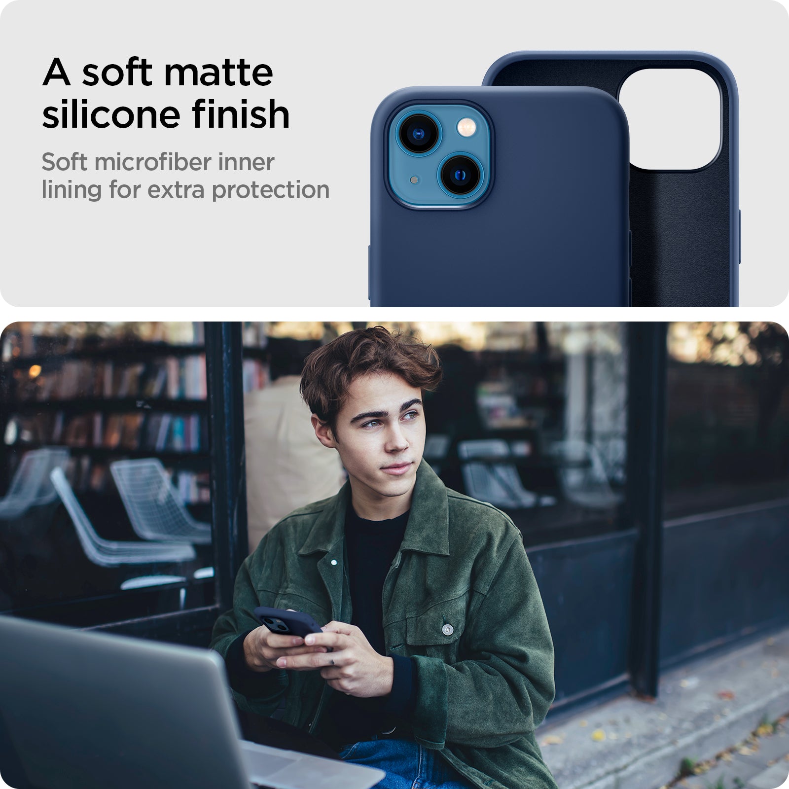 ACS03341 - iPhone 13 Mini Case Silicone Fit in navy blue showing the soft matte silicone finish. Soft microfiber inner lining for extra protection
