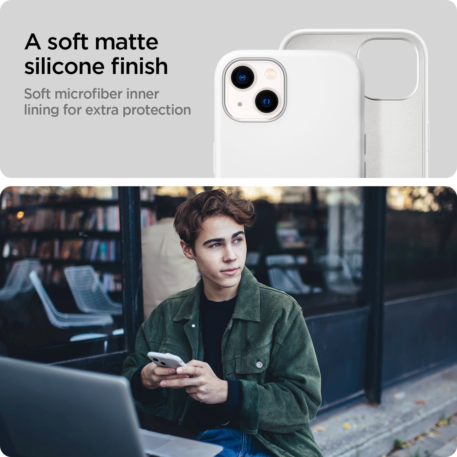 ACS03340 - iPhone 13 Mini Case Silicone Fit in white showing the soft matte silicone finish. Soft microfiber inner lining for extra protection