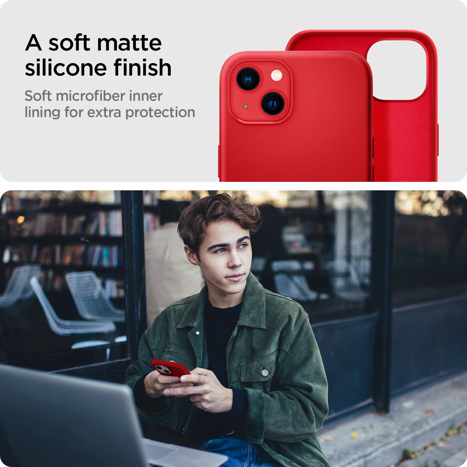 ACS03899 - iPhone 13 Case Silicone Fit in red showing the soft matte silicone finish. Soft microfiber inner lining for extra protection