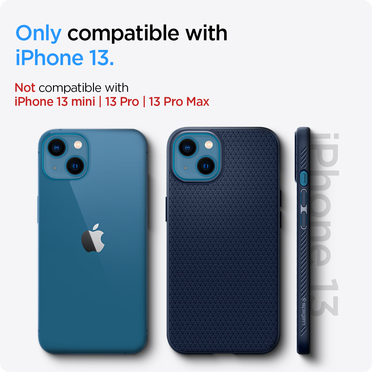 ACS03520 - iPhone 13 Case Liquid Air in navy blue showing the compatibility only with iPhone 13. Not compatible with iPhone 13 mini | 13 Pro | 13 Pro Max