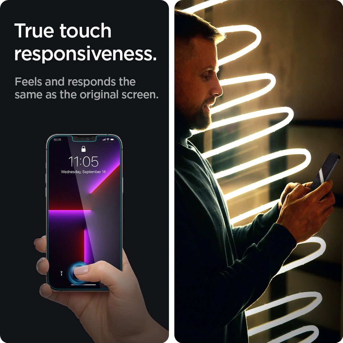 AGL03378 - iPhone 13 Pro Max Screen Protector EZ FIT GLAS.tR Privacy showing the ez fit tray, 2 privacy screen protectors, and iPhone