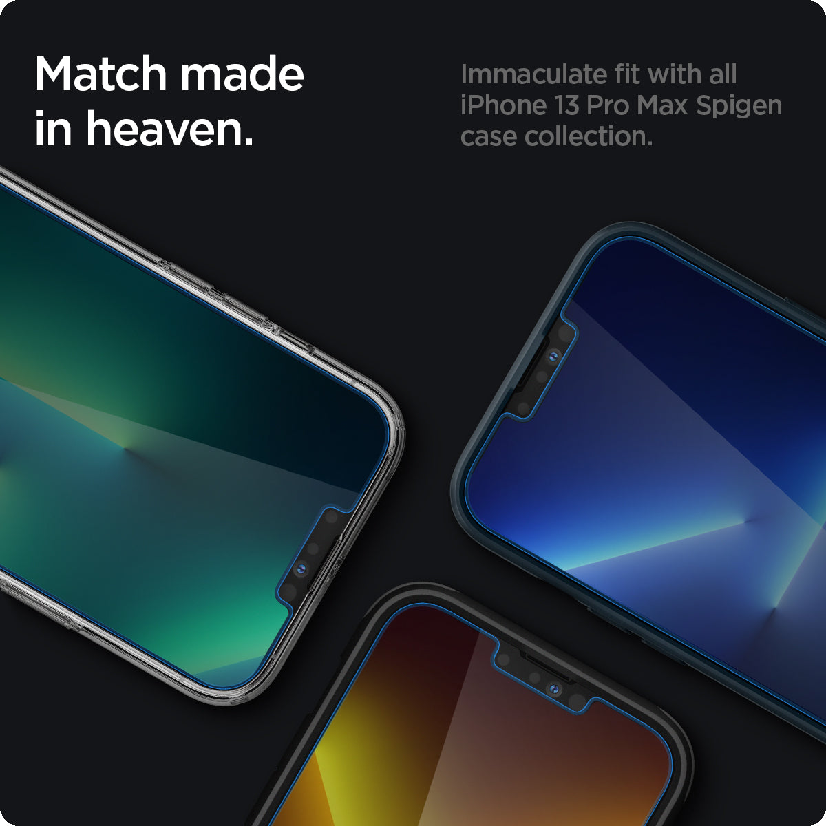 AGL03378 - iPhone 13 Pro Max Screen Protector EZ FIT GLAS.tR Privacy showing the match made in heaven. Immaculate fit with all iPhone 13 Pro Max Spigen case collection