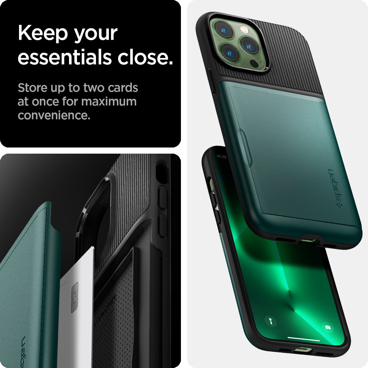 ACS04559 - iPhone 13 Pro Max Case Slim Armor CS in midnight green showing keep your essentials close. Store up to two cards at once for maximum convenience.