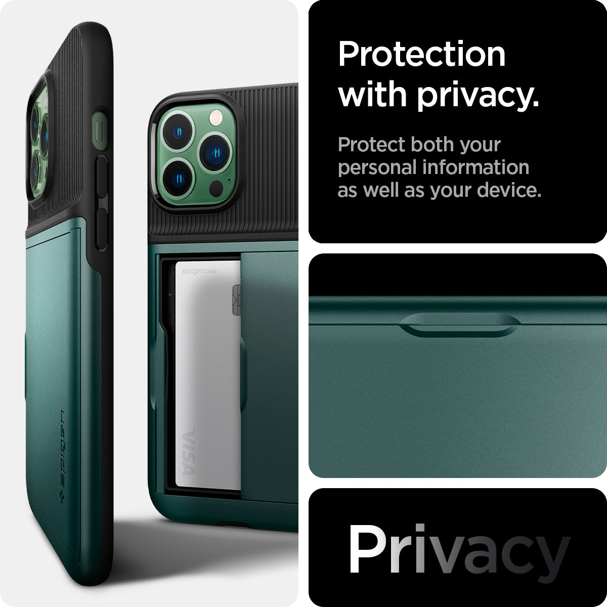 ACS04559 - iPhone 13 Pro Max Case Slim Armor CS in midnight green showing protection with privacy. Protect both your personal information as well as your device. Privacy.