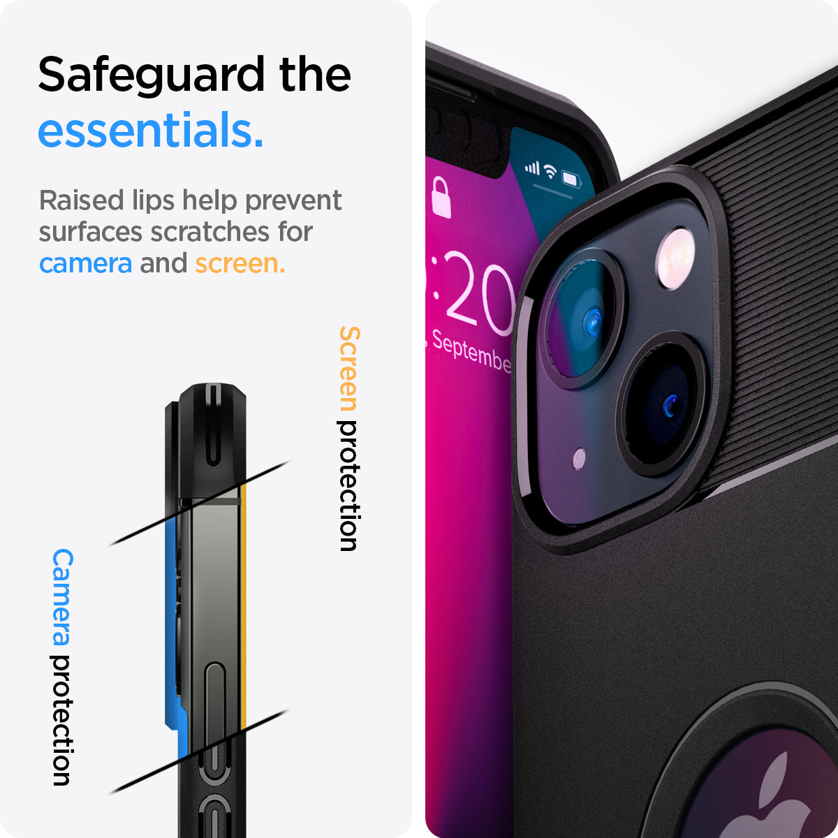 ACS03518 - iPhone 13 Case Rugged Armor in black showing the raised lips help to prevent surfaces scratches for camera and screen. Camera protection and screen protection