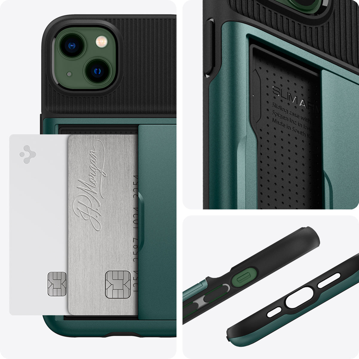 ACS04563 - iPhone 13 Case Slim Armor CS in midnight green showing back for the card and case.