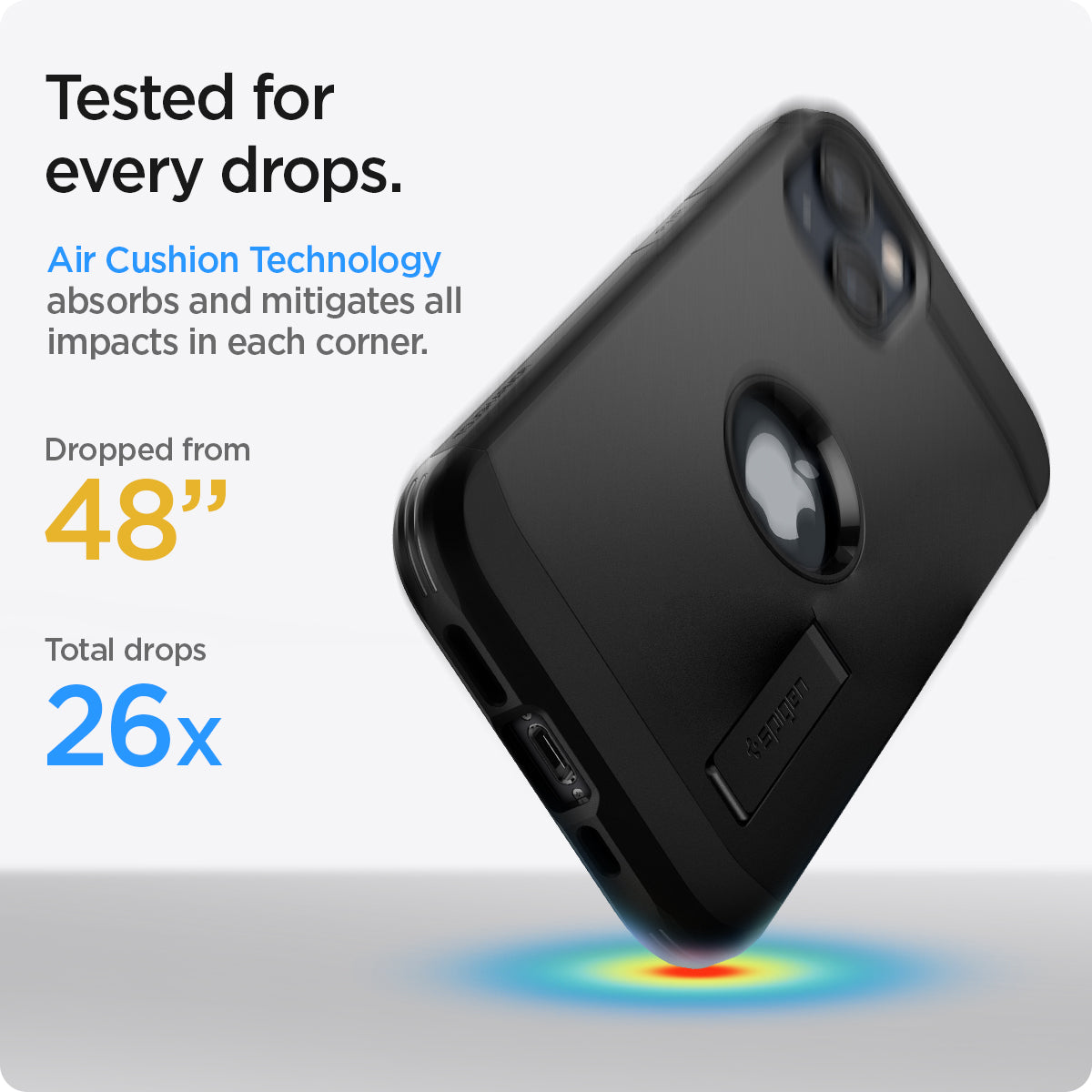 ACS03539 - iPhone 13 Case Tough Armor in black showing tested for every drops. Air Cushion Technology absorbs and mitigates all impacts in each corner. Dropped from 48" | Total drops 26x