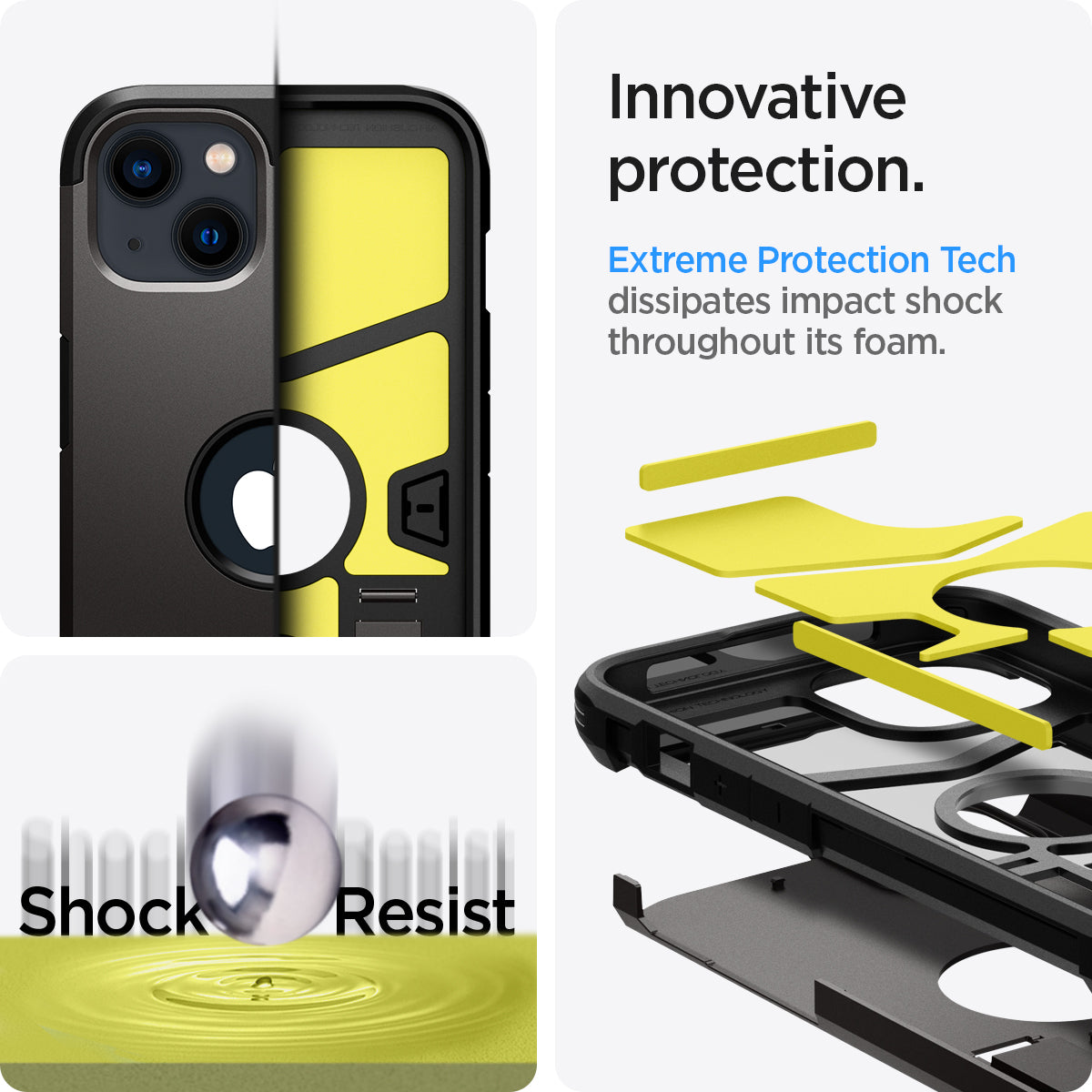 ACS03538 - iPhone 13 Case Tough Armor in gunmetal showing the innovative protection. Extreme Protection Tech dissipates impact shock throughout its foam