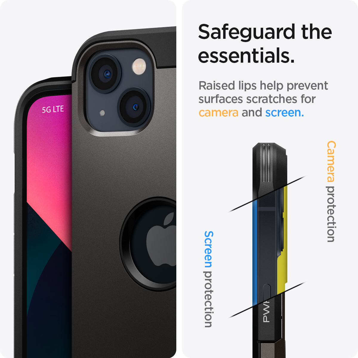 ACS03538 - iPhone 13 Case Tough Armor in gunmetal showing safeguard the essentials. Raised lips help prevent surfaces scratches for camera and screen.