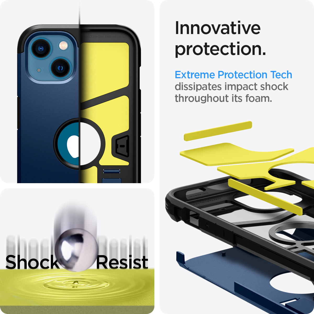 ACS03541 - iPhone 13 Case Tough Armor in navy blue showing the innovative protection. Extreme Protection Tech dissipates impact shock throughout its foam