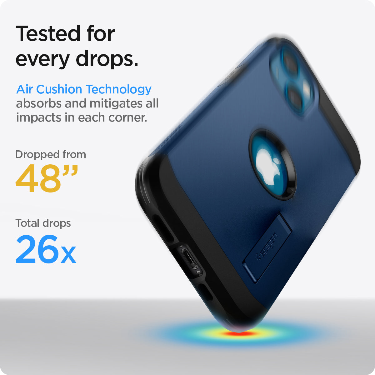 ACS03541 - iPhone 13 Case Tough Armor in navy blue showing tested for every drops. Air Cushion Technology absorbs and mitigates all impacts in each corner. Dropped from 48" | Total drops 26x