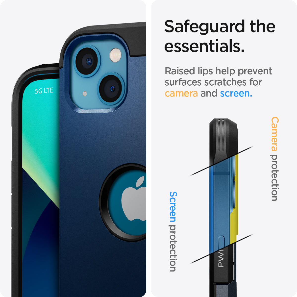 ACS03541 - iPhone 13 Case Tough Armor in navy blue showing safeguard the essentials. Raised lips help prevent surfaces scratches for camera and screen.