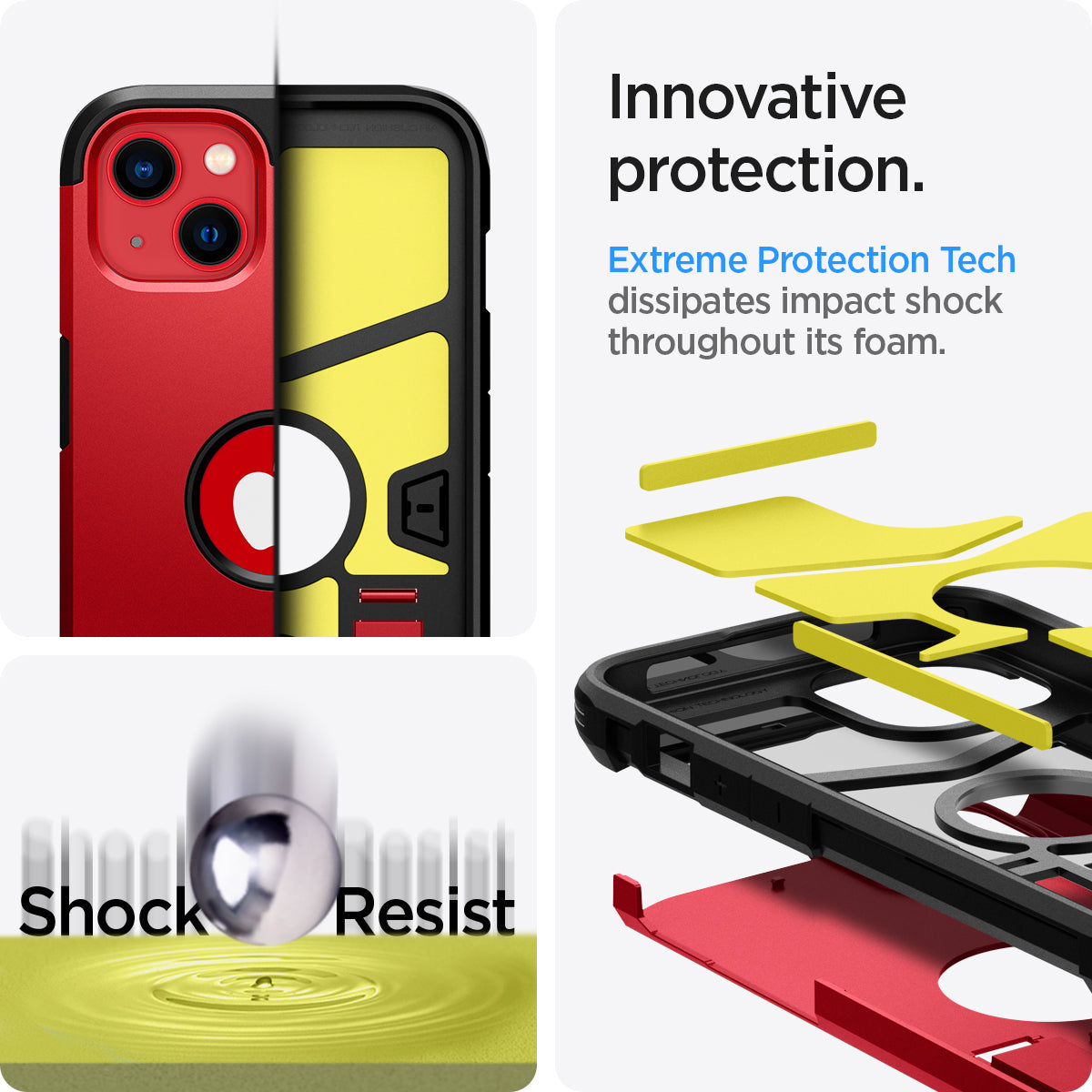 ACS03540 - iPhone 13 Case Tough Armor in red showing the innovative protection. Extreme Protection Tech dissipates impact shock throughout its foam