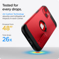 ACS03540 - iPhone 13 Case Tough Armor in red showing tested for every drops. Air Cushion Technology absorbs and mitigates all impacts in each corner. Dropped from 48