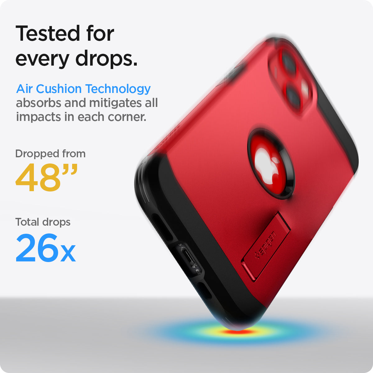 ACS03540 - iPhone 13 Case Tough Armor in red showing tested for every drops. Air Cushion Technology absorbs and mitigates all impacts in each corner. Dropped from 48" | Total drops 26x