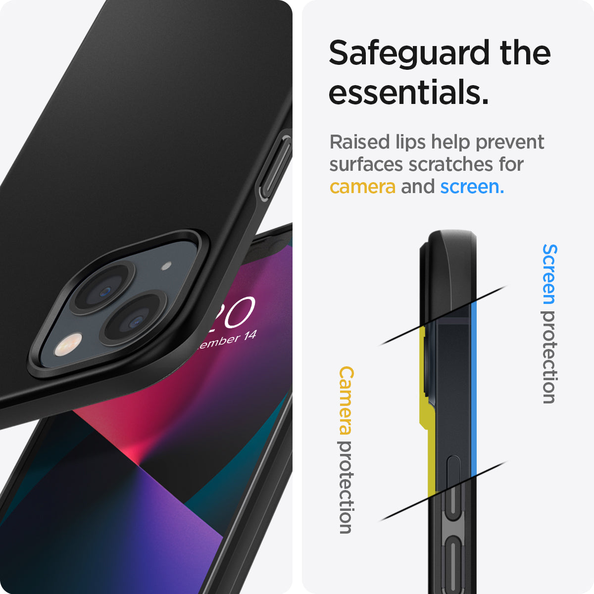 ACS03677 - iPhone 13 Case Thin Fit in black showing the raised lips help prevent surfaces scratches for camera and screen. Screen protection and Camera protection