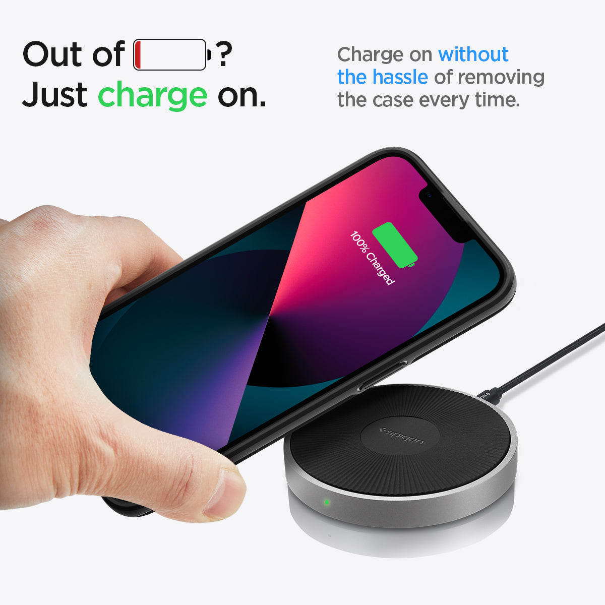 ACS03677 - iPhone 13 Case Thin Fit in black showing charging on without the hassle of removing the case every time