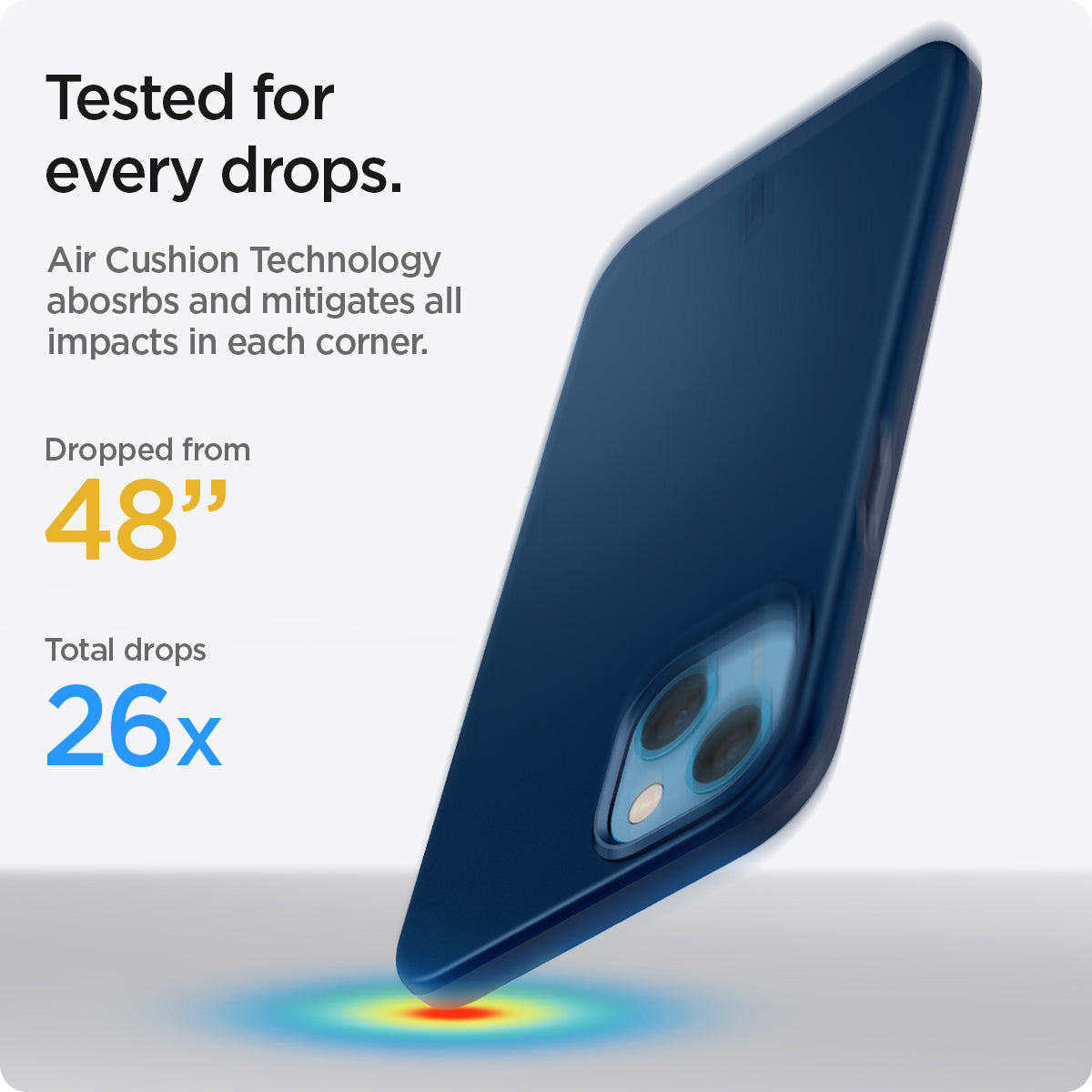 ACS03512 - iPhone 13 Case Thin Fit in navy blue showing tested for every drops with Air Cushion Technology absorbs and mitigates all impacts in each corner. Dropped from 48" | Total drops 26x
