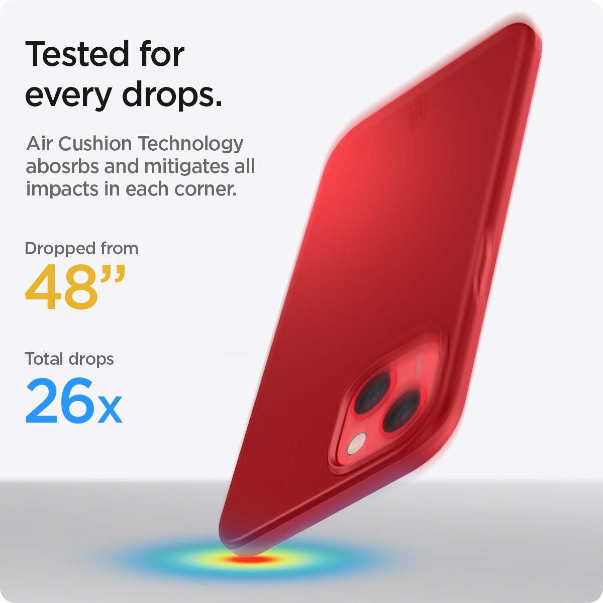 ACS03511 - iPhone 13 Case Thin Fit in red showing tested for every drops with Air Cushion Technology absorbs and mitigates all impacts in each corner. Dropped from 48" | Total drops 26x