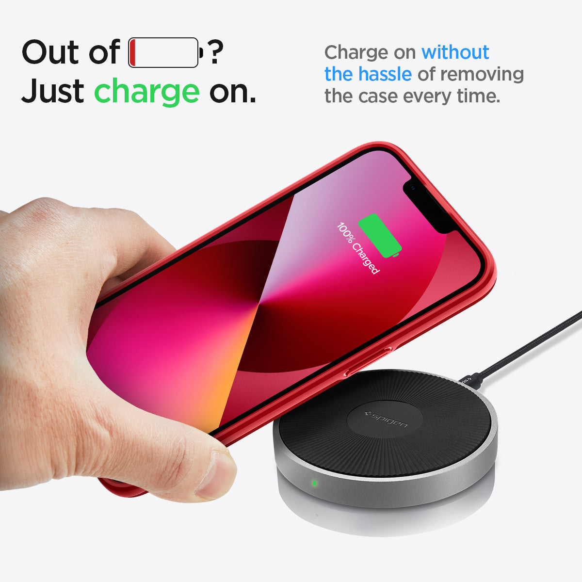 ACS03511 - iPhone 13 Case Thin Fit in red showing charging on without the hassle of removing the case every time
