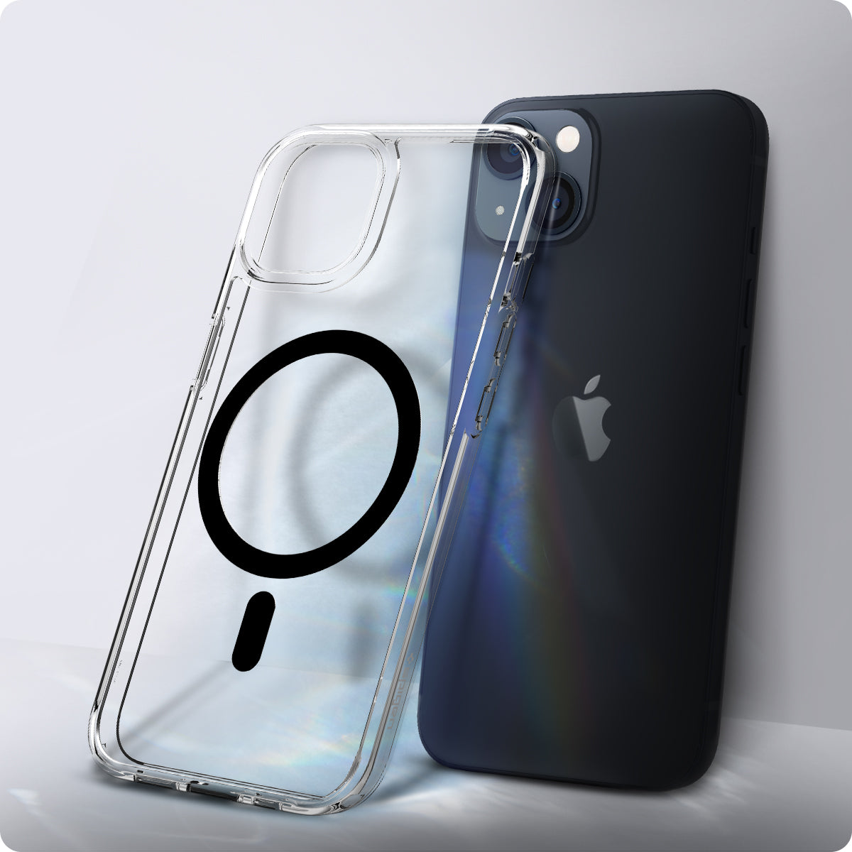 ACS03529 - iPhone 13 Case Ultra Hybrid Mag Safe Compatible in black showing the back of the case leaning against the back of the device