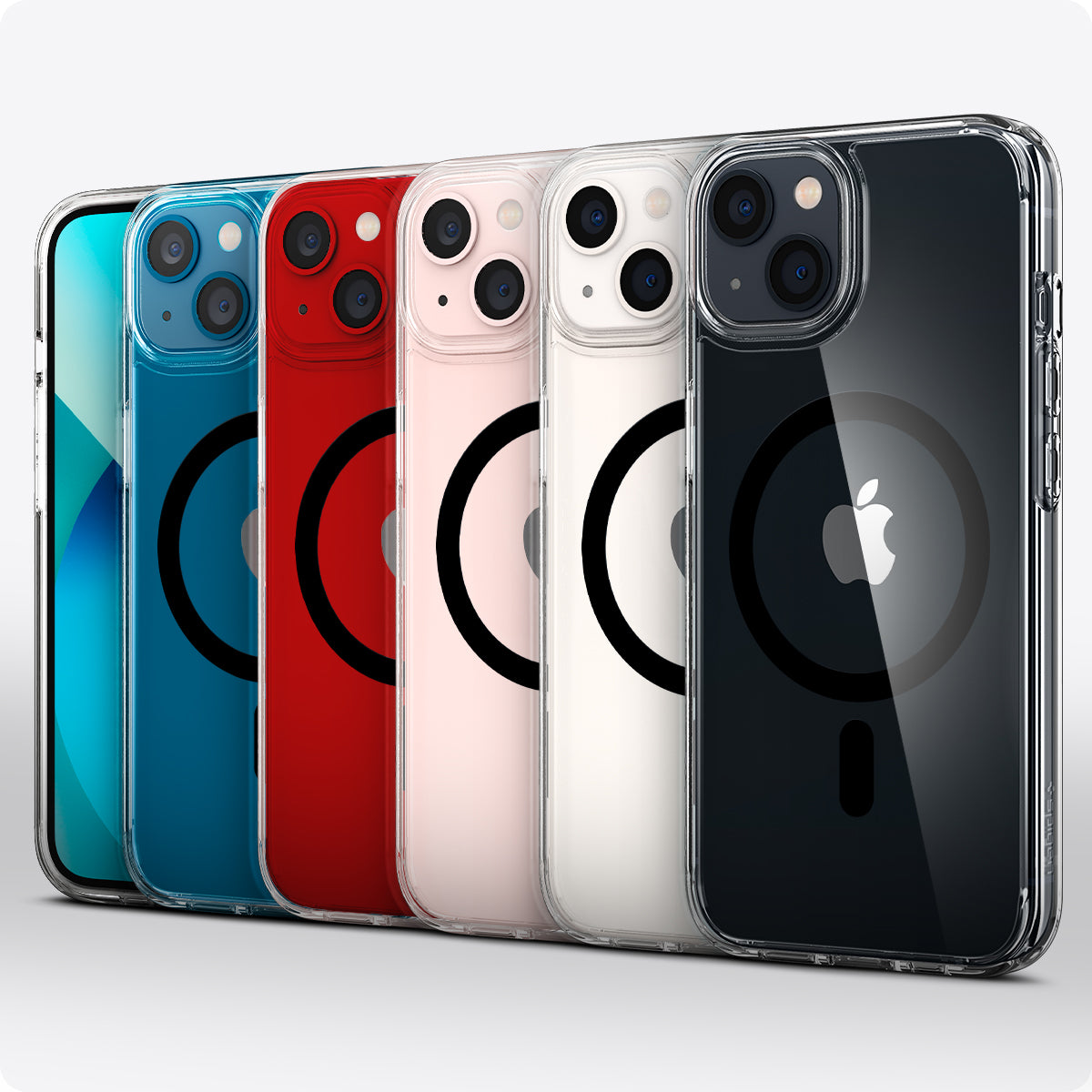 ACS03529 - iPhone 13 Case Ultra Hybrid Mag Safe Compatible in black showing the multiple cases back and partial front showcasing different colors of the devices