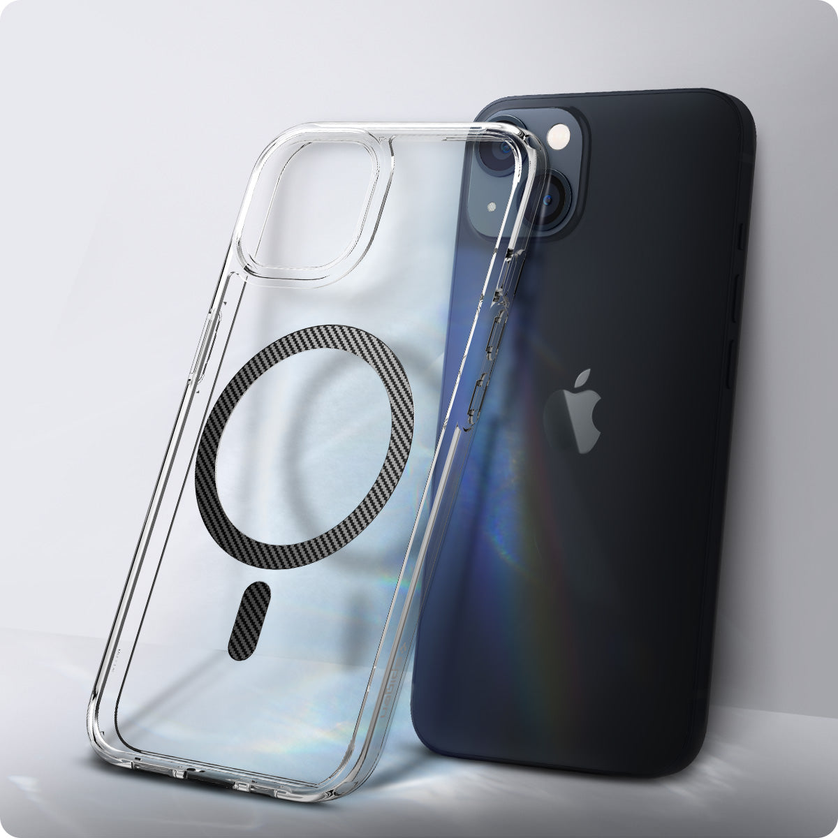 ACS04086 - iPhone 13 Case Ultra Hybrid Mag Safe Compatible in carbon fiber showing the back of the case leaning against the back of the device