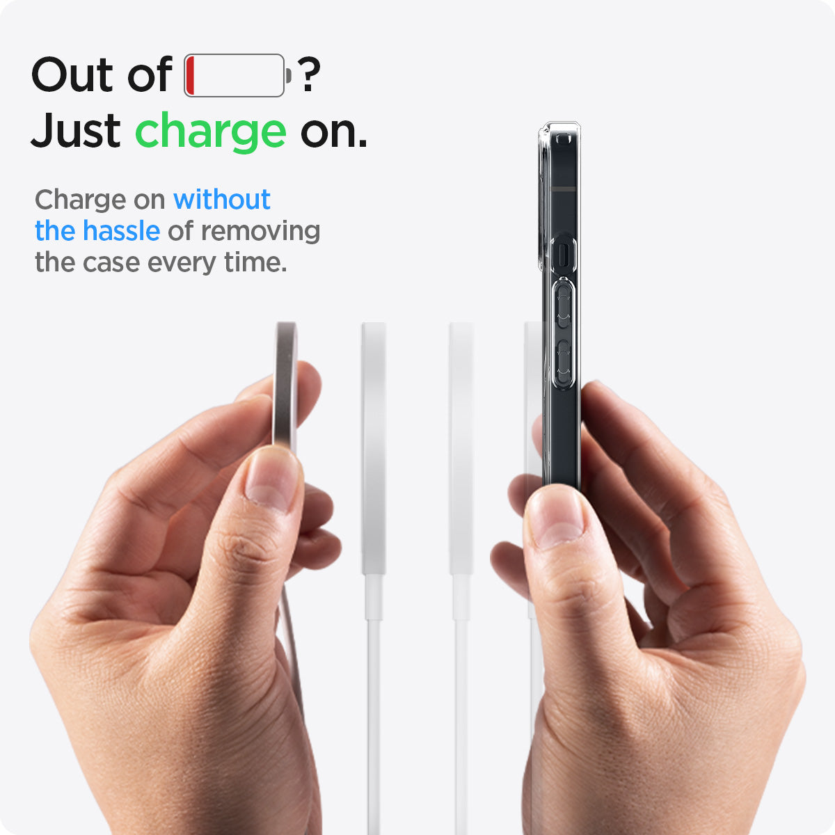ACS04086 - iPhone 13 Case Ultra Hybrid Mag Safe Compatible in carbon fiber showing charging on without the hassle of removing the case every time