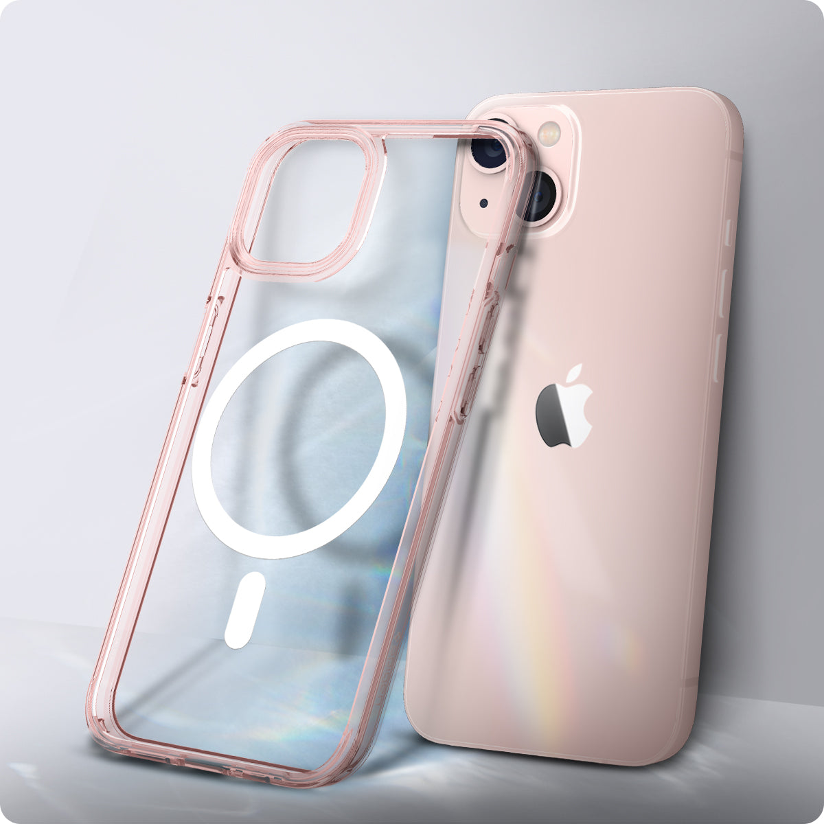 ACS03530 - iPhone 13 Case Ultra Hybrid Mag Safe Compatible in rose crystal showing the back of the case leaning against the back of the device