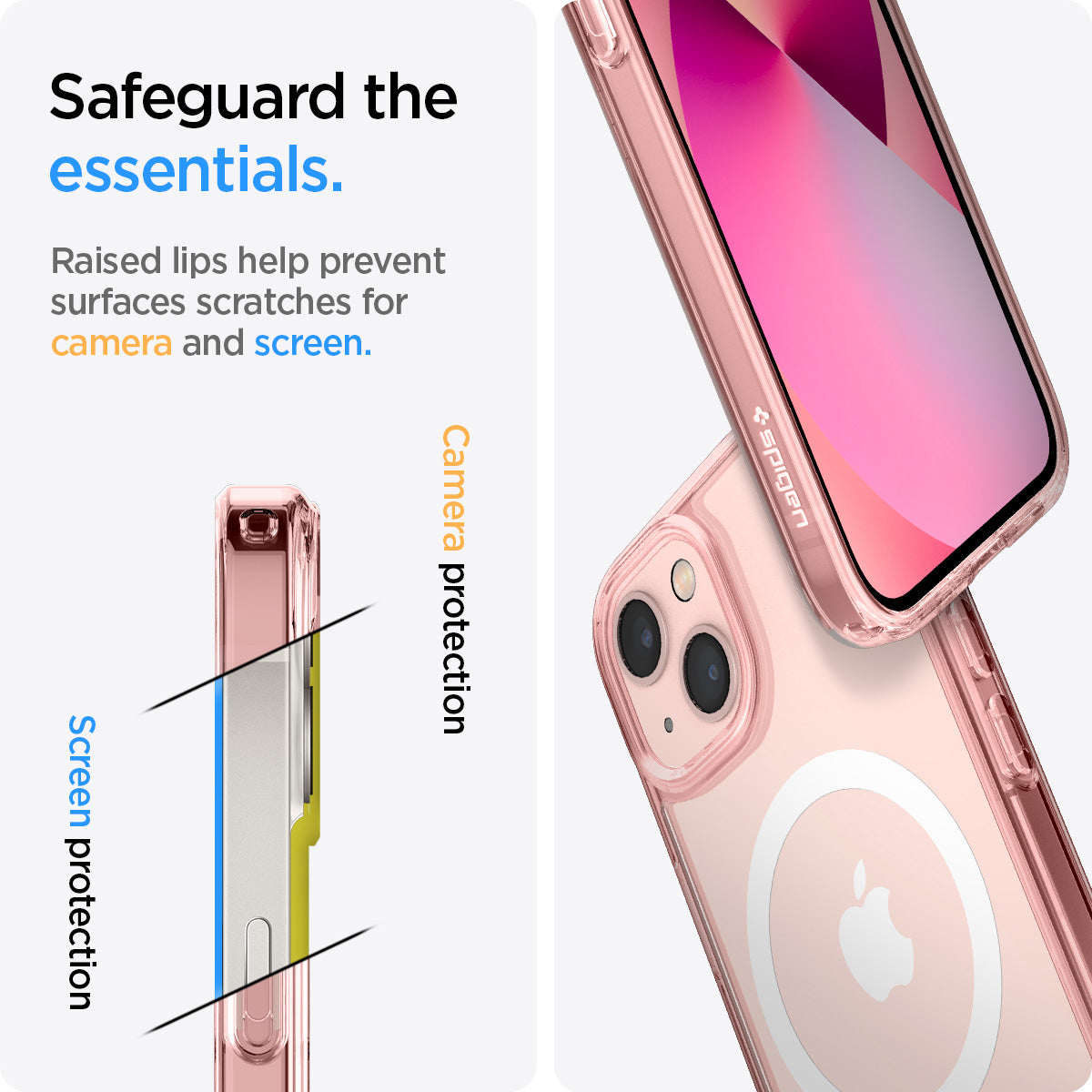 ACS03530 - iPhone 13 Case Ultra Hybrid Mag Safe Compatible in rose crystal showing the raised lips help prevent surfaces scratches for camera and screen. Screen protection and camera protection
