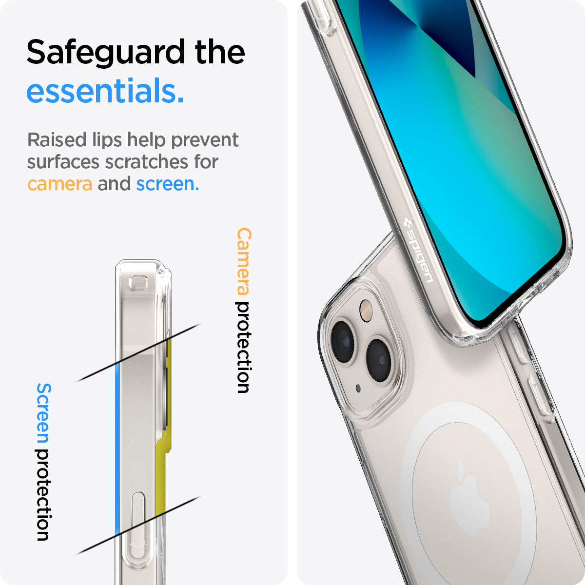 ACS03528 - iPhone 13 Case Ultra Hybrid Mag Safe Compatible in white showing the raised lips help prevent surfaces scratches for camera and screen. Screen protection and camera protection