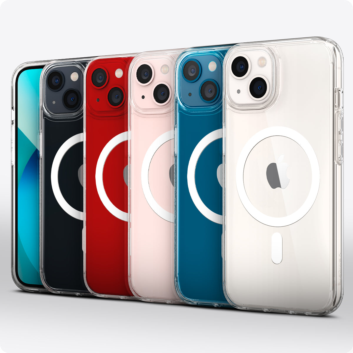 ACS03528 - iPhone 13 Case Ultra Hybrid Mag Safe Compatible in white showing the multiple cases back and partial front showcasing different colors of the devices