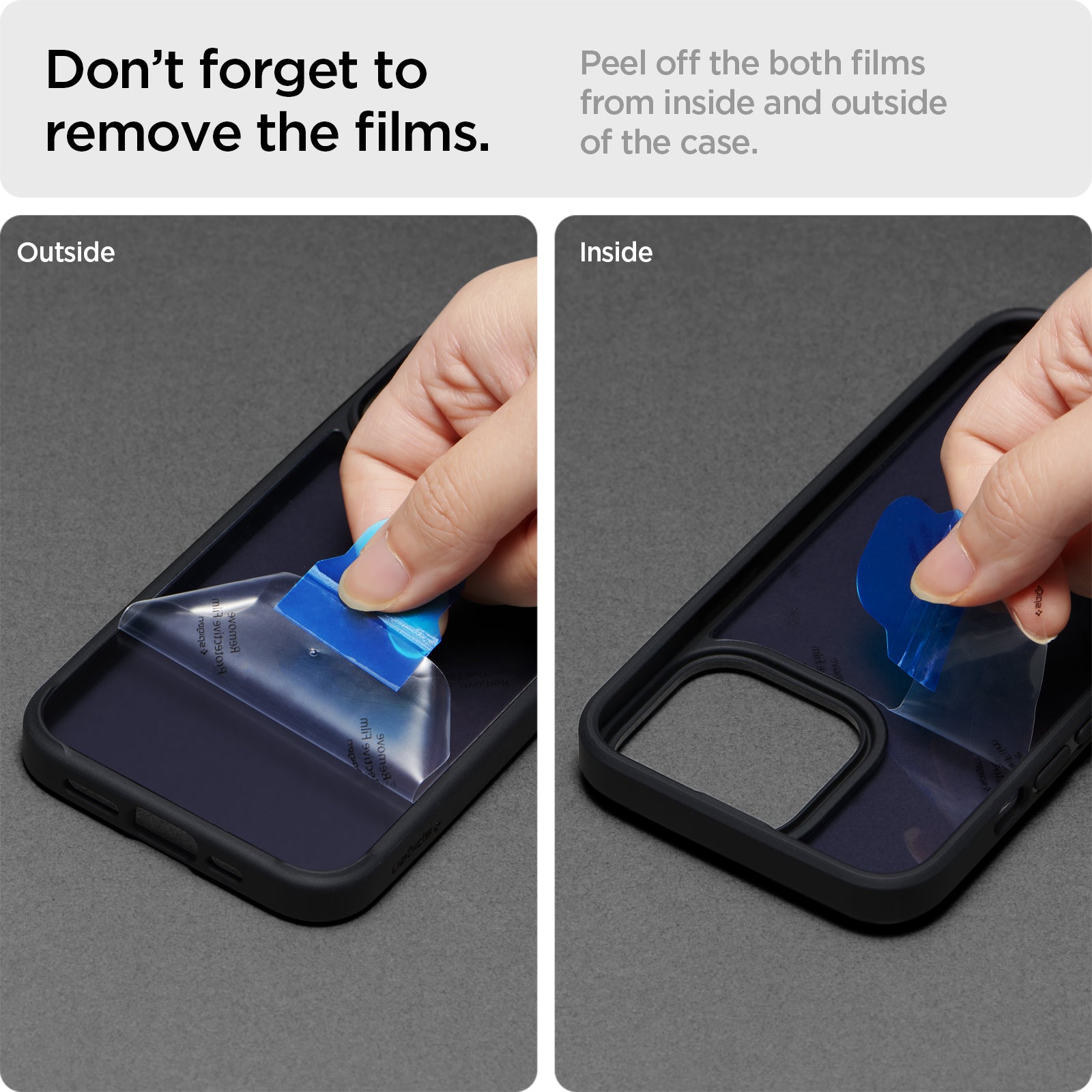 ACS03623 - iPhone 13 Case Ultra Hybrid Matte in frost black showing peeling off both films form inside and outside of the case. Don't forget to remove the films