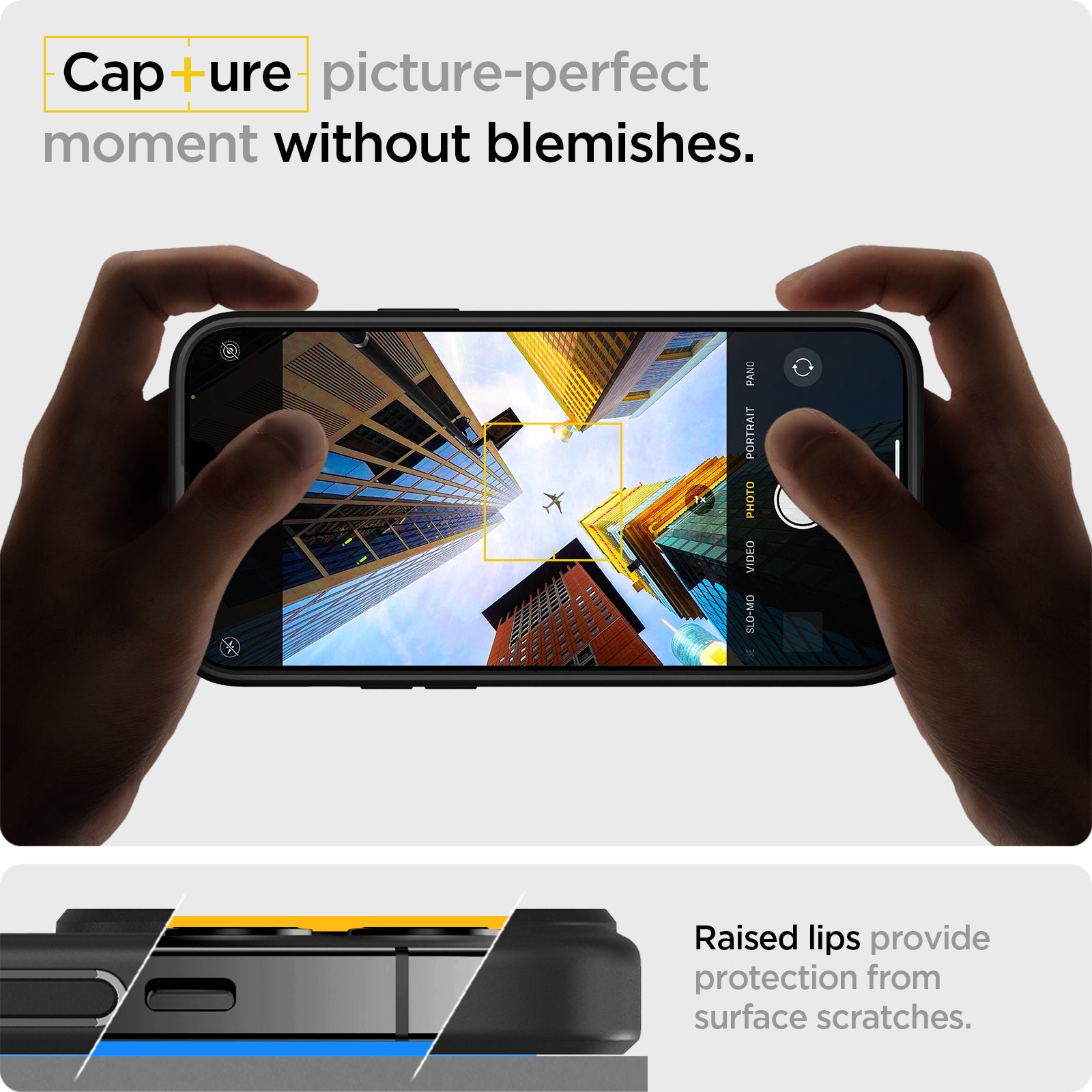 ACS03623 - iPhone 13 Case Ultra Hybrid Matte in frost black showing the raised lips provide protection from surface scratches. Capture picture-perfect moment without blemishes