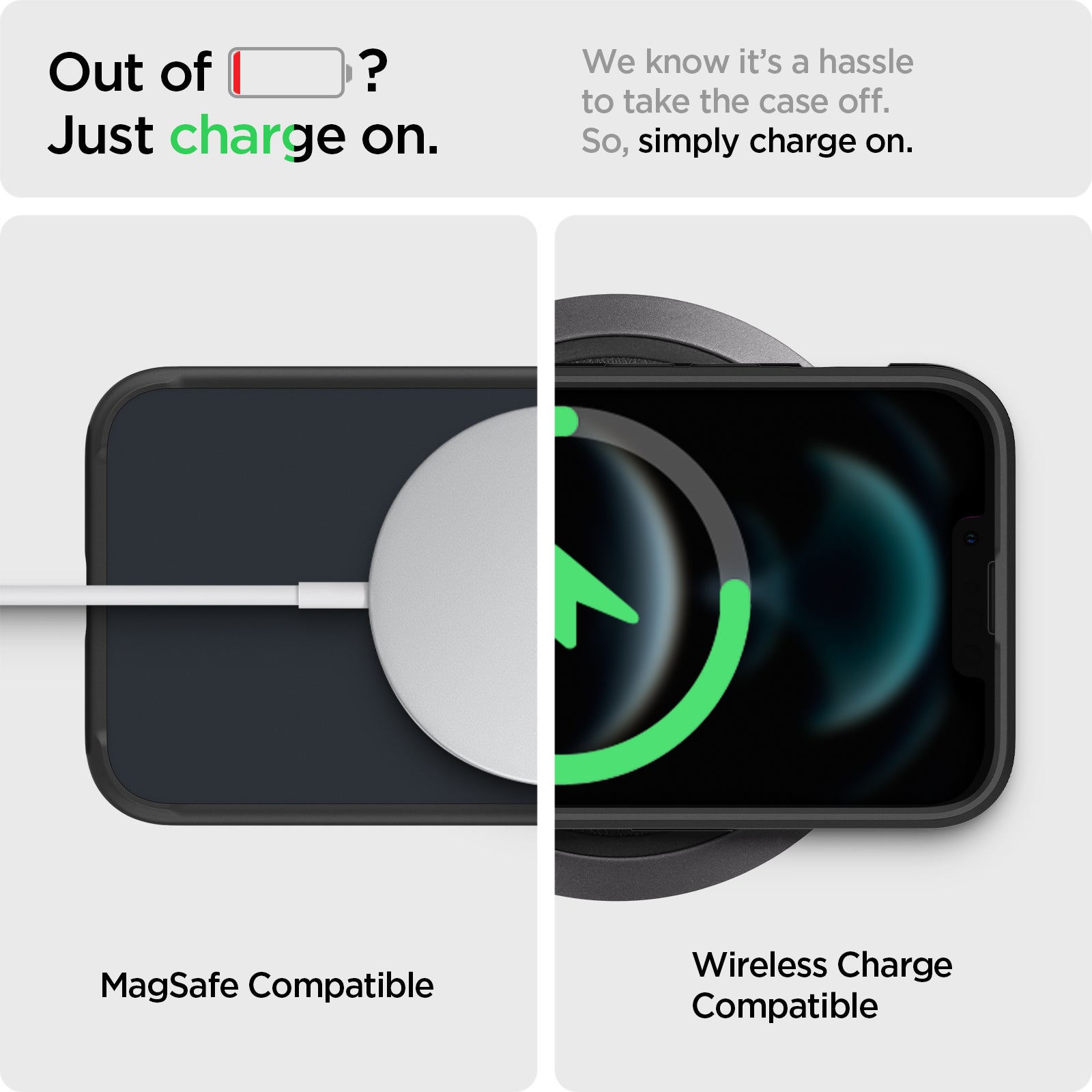 ACS03623 - iPhone 13 Case Ultra Hybrid Matte in frost black showing simply charge on. MagSafe compatible. Wireless Charge compatible