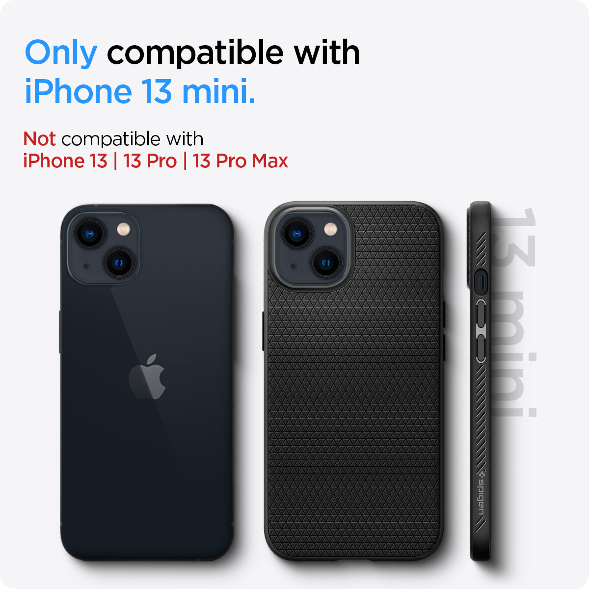 ACS03315 - iPhone 13 Mini Case Liquid Air in black showing the compatibility only with iPhone 13 mini. Not compatible with iPhone 13 | 13 Pro | 13 Pro Max