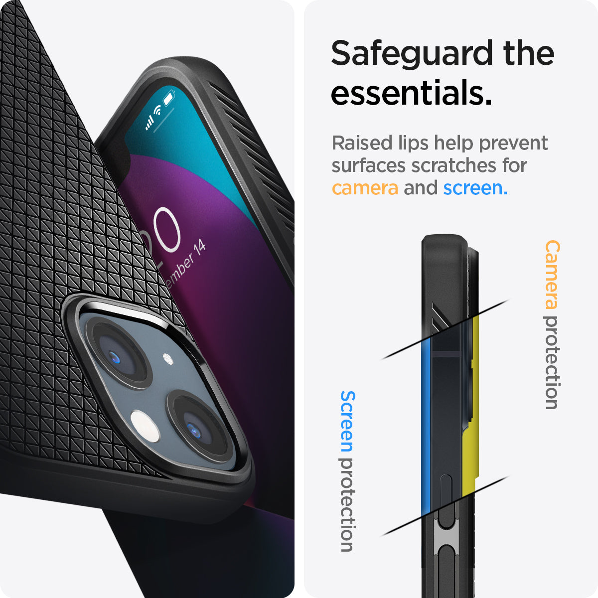 ACS03315 - iPhone 13 Mini Case Liquid Air in black showing the raised lips help prevent surfaces scratches for camera and screen. Screen protection and Camera protection