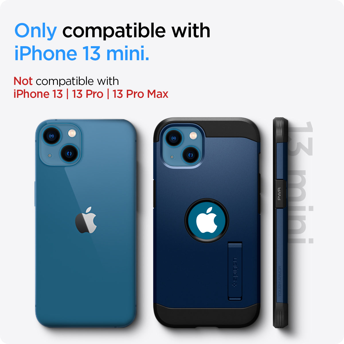 ACS03333 - iPhone 13 Mini Case Tough Armor in navy blue showing the compatibility only with iPhone 13 mini. Not compatible with iPhone 13 | 13 Pro | 13 Pro Max