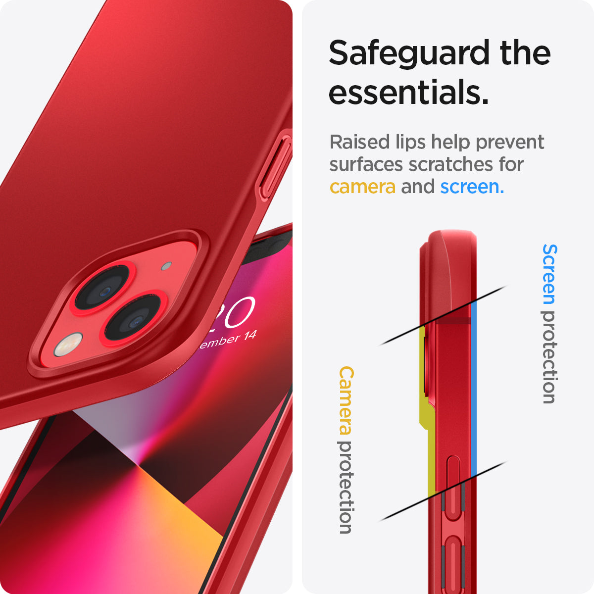 ACS03306 - iPhone 13 Mini Case Thin Fit in red showing the raised lips help prevent surfaces scratches for camera and screen. Screen protection and Camera protection