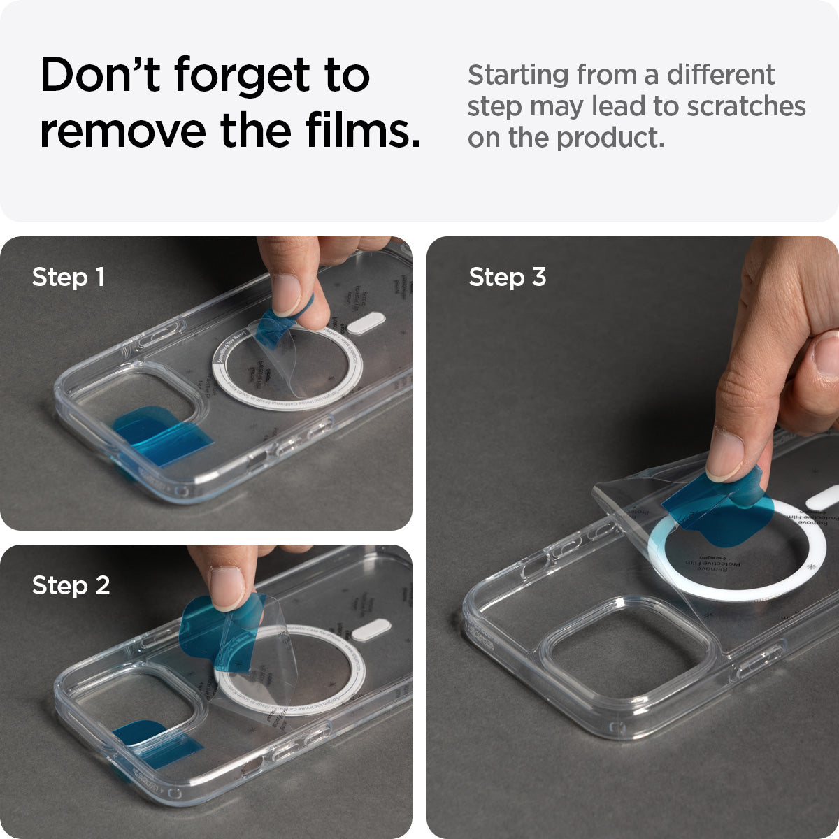 ACS03323 - iPhone 13 Mini Case Ultra Hybrid Mag Safe Compatible in black showing starting from a different step may lead t scratches on the product. Don't forget to remove the films