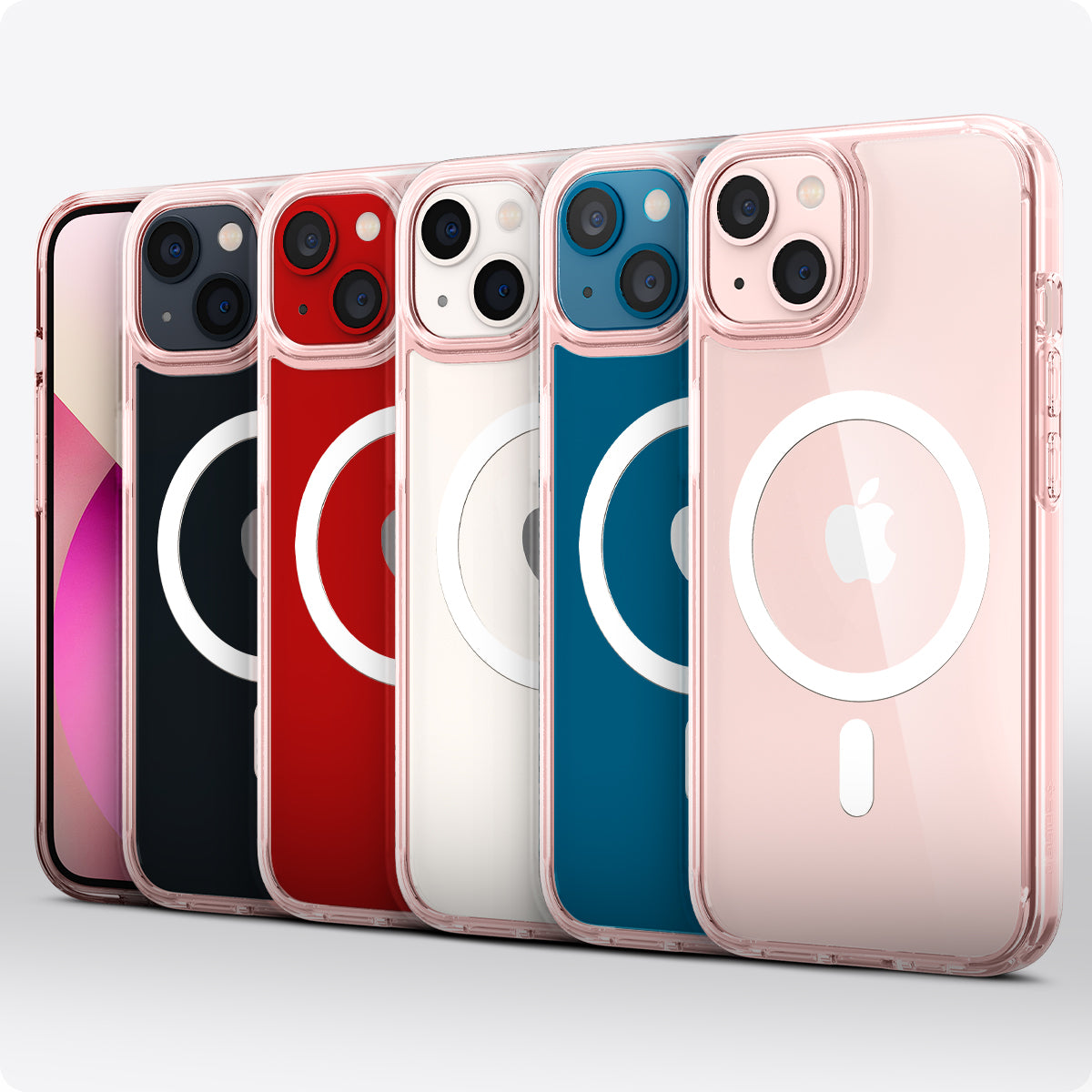 ACS03324 - iPhone 13 Mini Case Ultra Hybrid Mag Safe Compatible in rose crystal showing the multiple cases back and partial front showcasing different colors of the devices