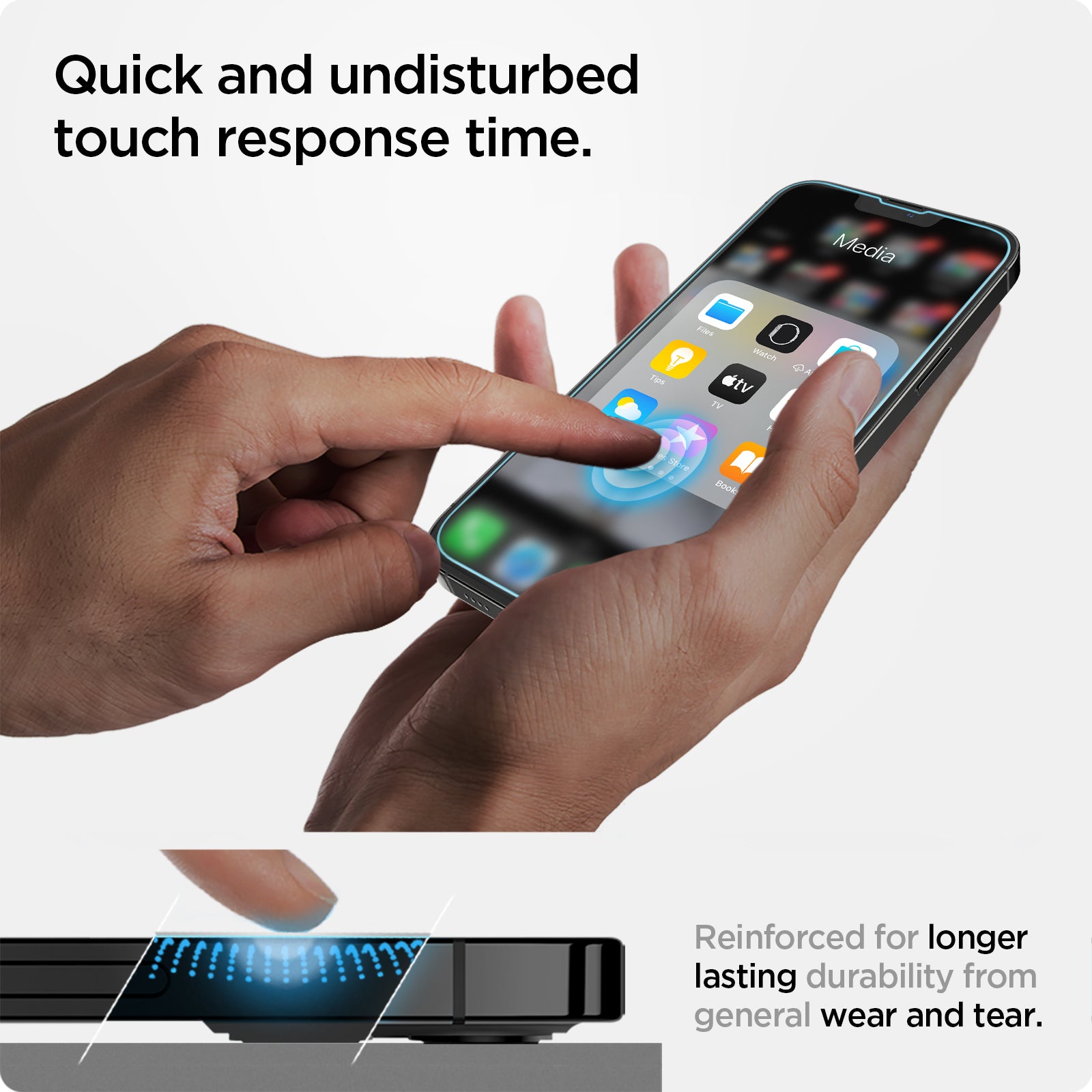 AGL03376 - iPhone 13 Pro Max Screen Protector EZ FIT GLAS.tR (Sensor Protection) showing the quick and undisturbed touch response time. Reinforced for longer lasting durability from general wear and tear