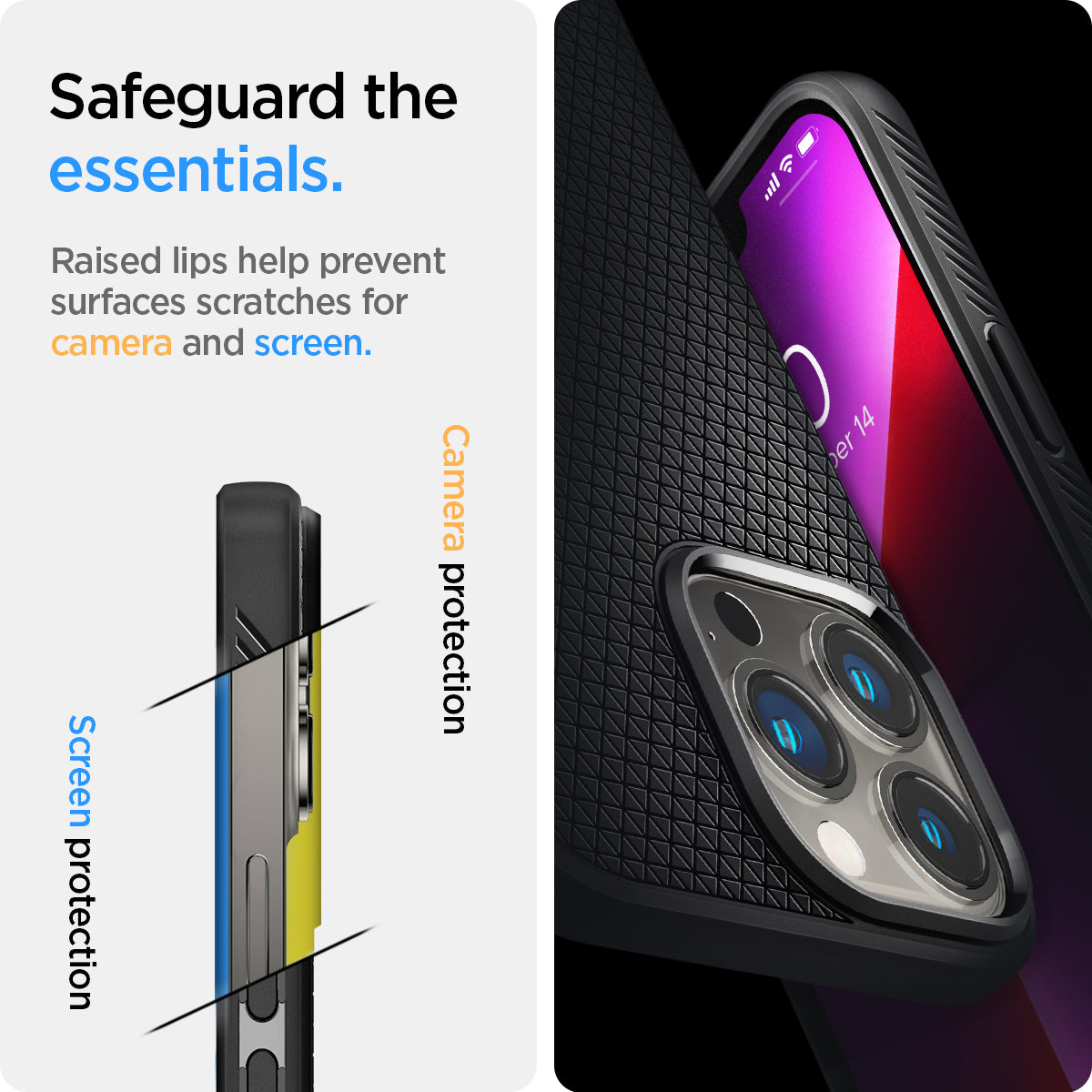 ACS03201 - iPhone 13 Pro Max Case Liquid Air in black showing the raised lips help prevent surfaces scratches for camera and screen. Camera protection and Screen protection