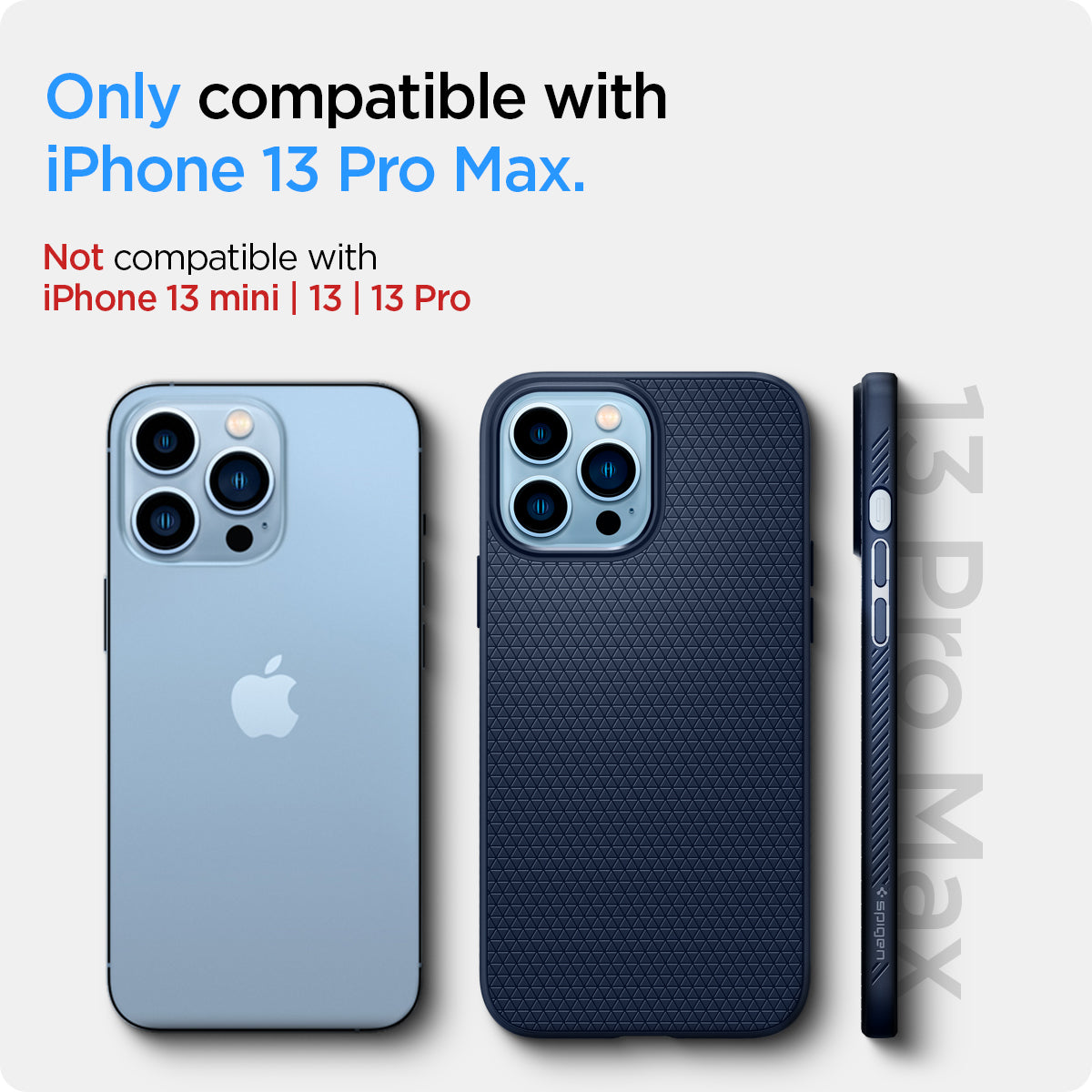 ACS03202 - iPhone 13 Pro Max Case Liquid Air in navy blue showing the compatibility only with iPhone 13 Pro Max. Not compatible with iPhone 13 mini | 13 | 13 Pro